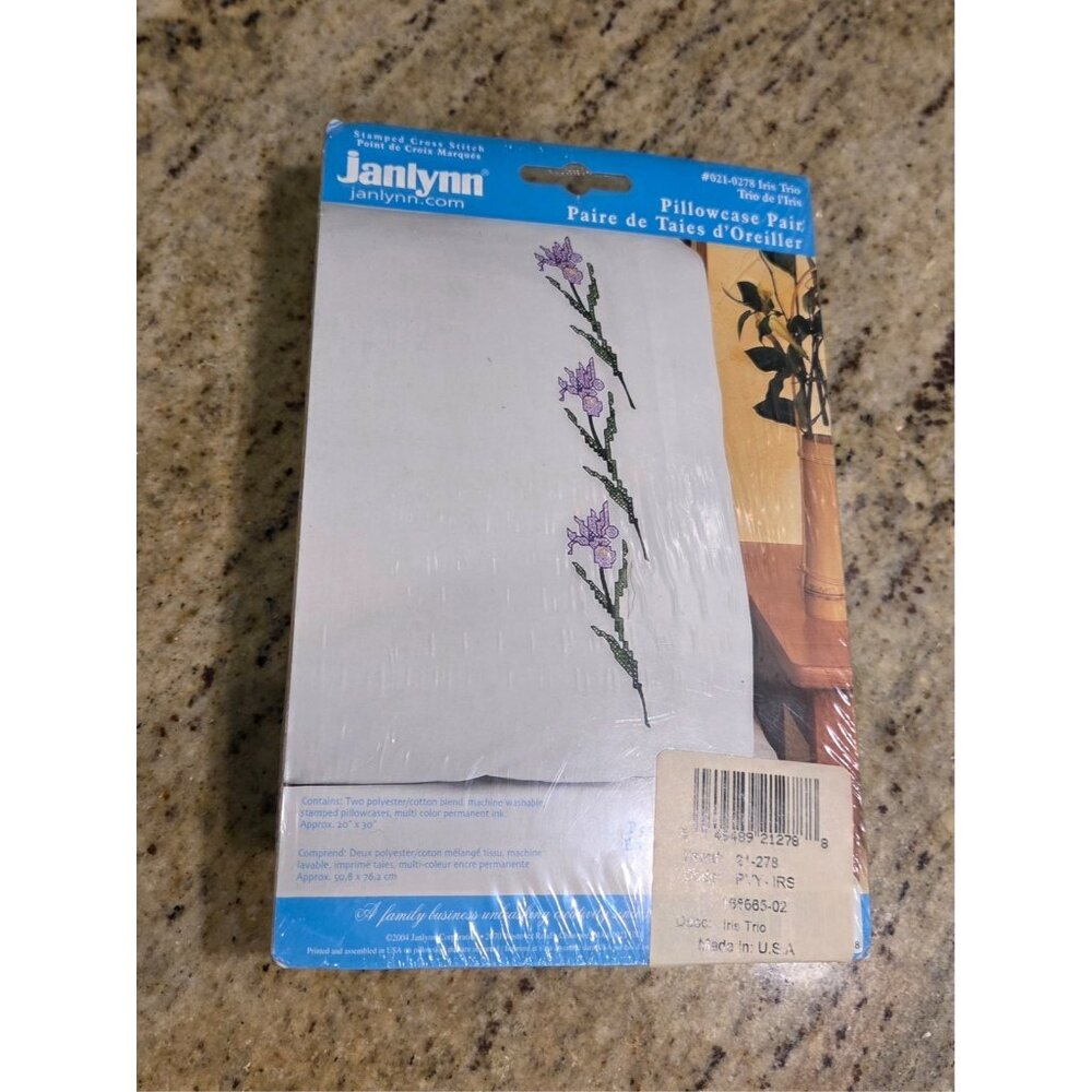 New! JANLYNN Pillowcase Pair #021-0278 IRIS TRIO Purple Flower Crosstitch